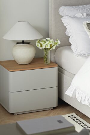 Agnes Curved Edge 2 Drawer Bedside Table, Dove Grey with Oak Top