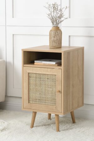 Frances Woven Rattan 1-Door Bedside Table in Natural Colour