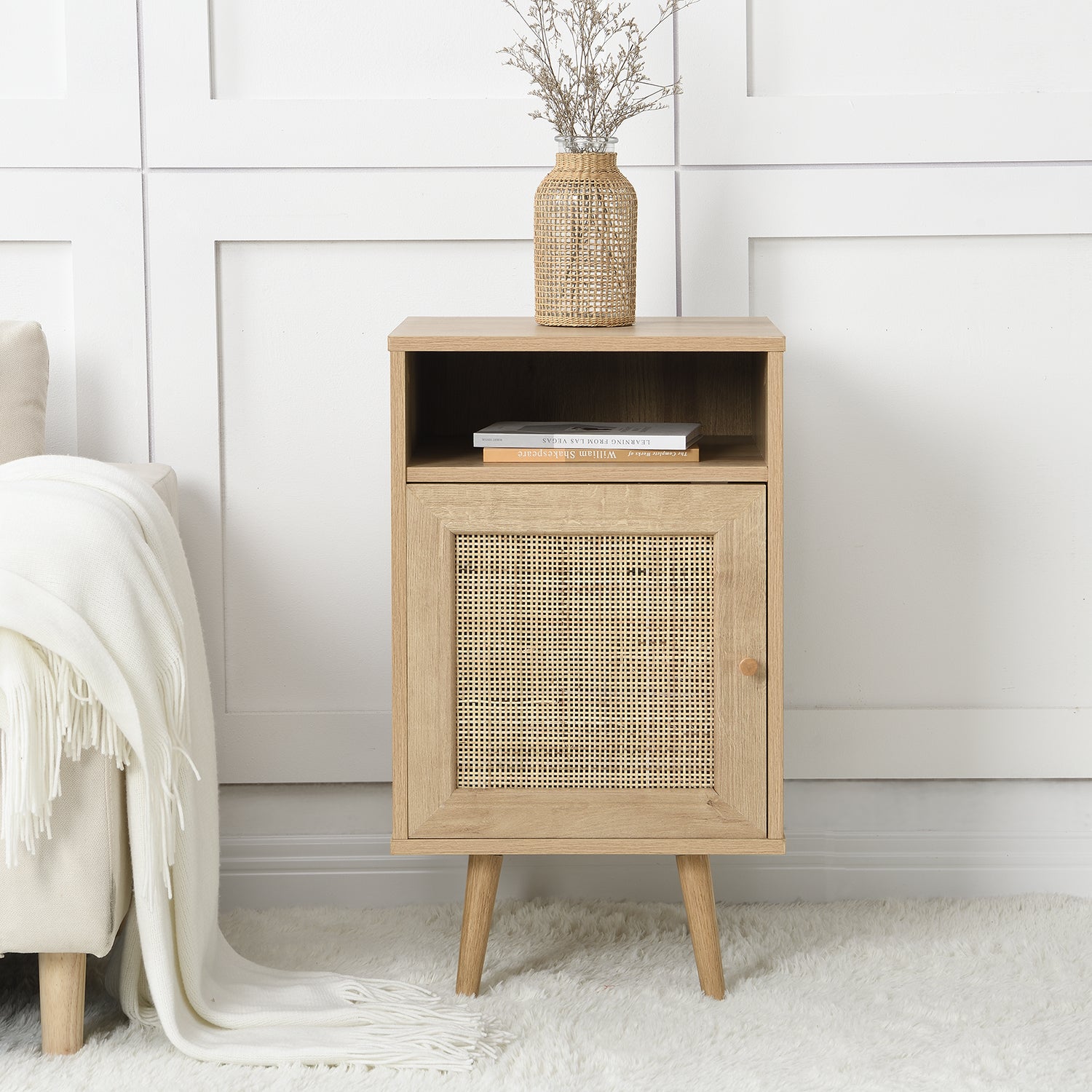 Frances Woven Rattan 1-Door Bedside Table in Natural Colour - Image 2