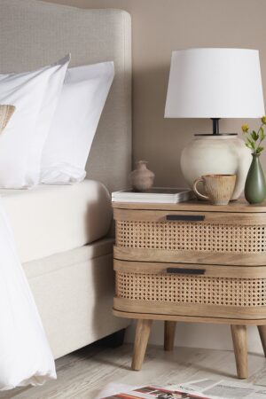 Izzy Curved Rattan 2-Drawer Bedside Table, Natural