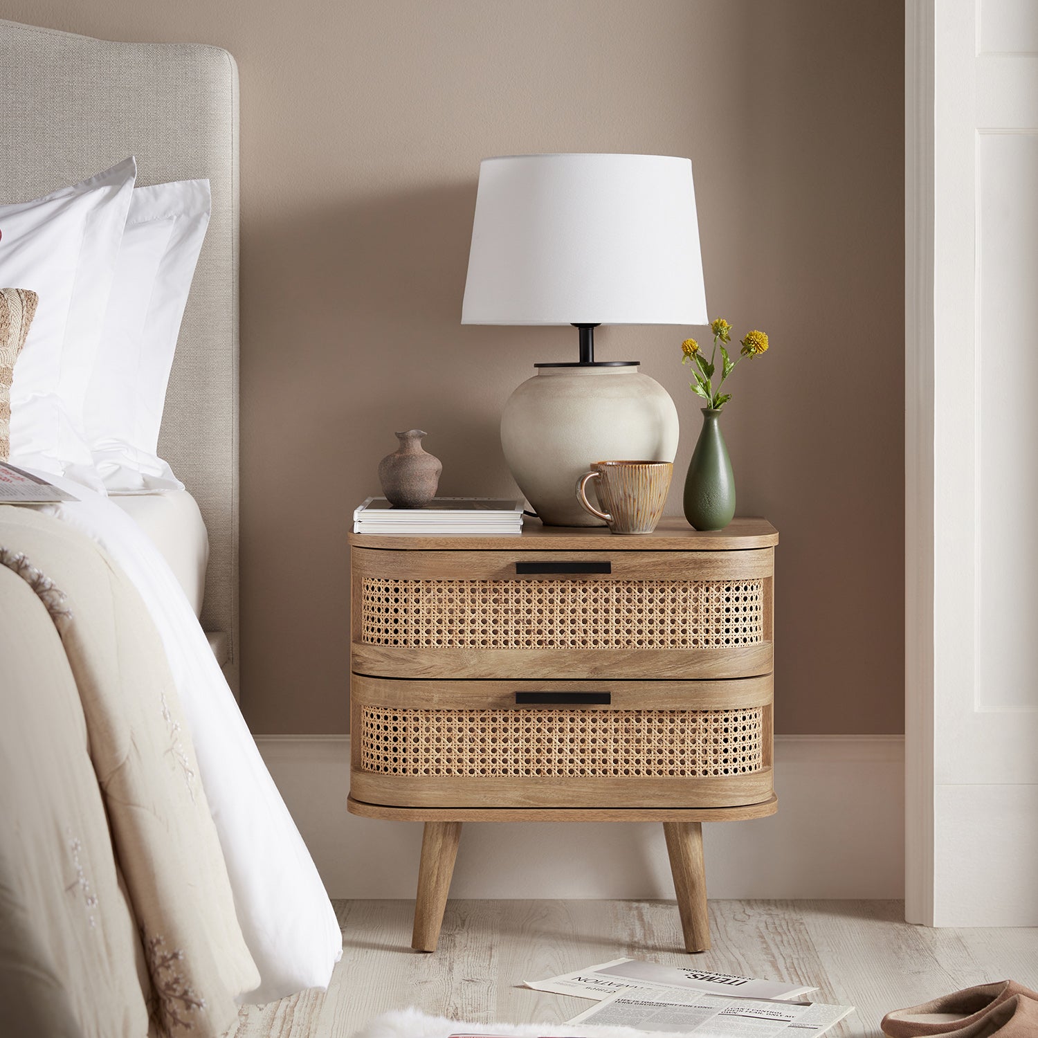 Izzy Curved Rattan 2-Drawer Bedside Table, Natural - Image 2