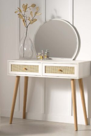 Frances Woven Rattan Dressing Table with Mirror, White