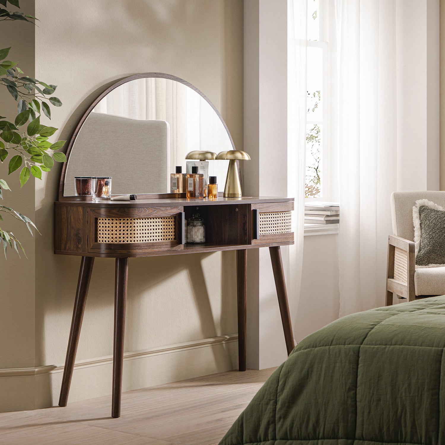 Izzy Curved Rattan Dressing Table, Walnut