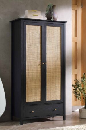 Frances Rattan Double Wardrobe with 1 Drawer, Black