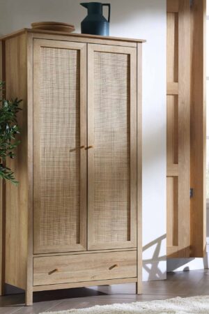 Frances Rattan Double Wardrobe with 1 Drawer, Natural