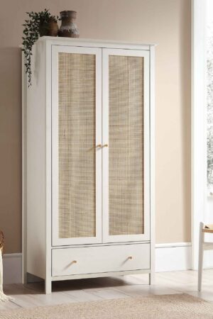 Frances Rattan Double Wardrobe with 1 Drawer, White
