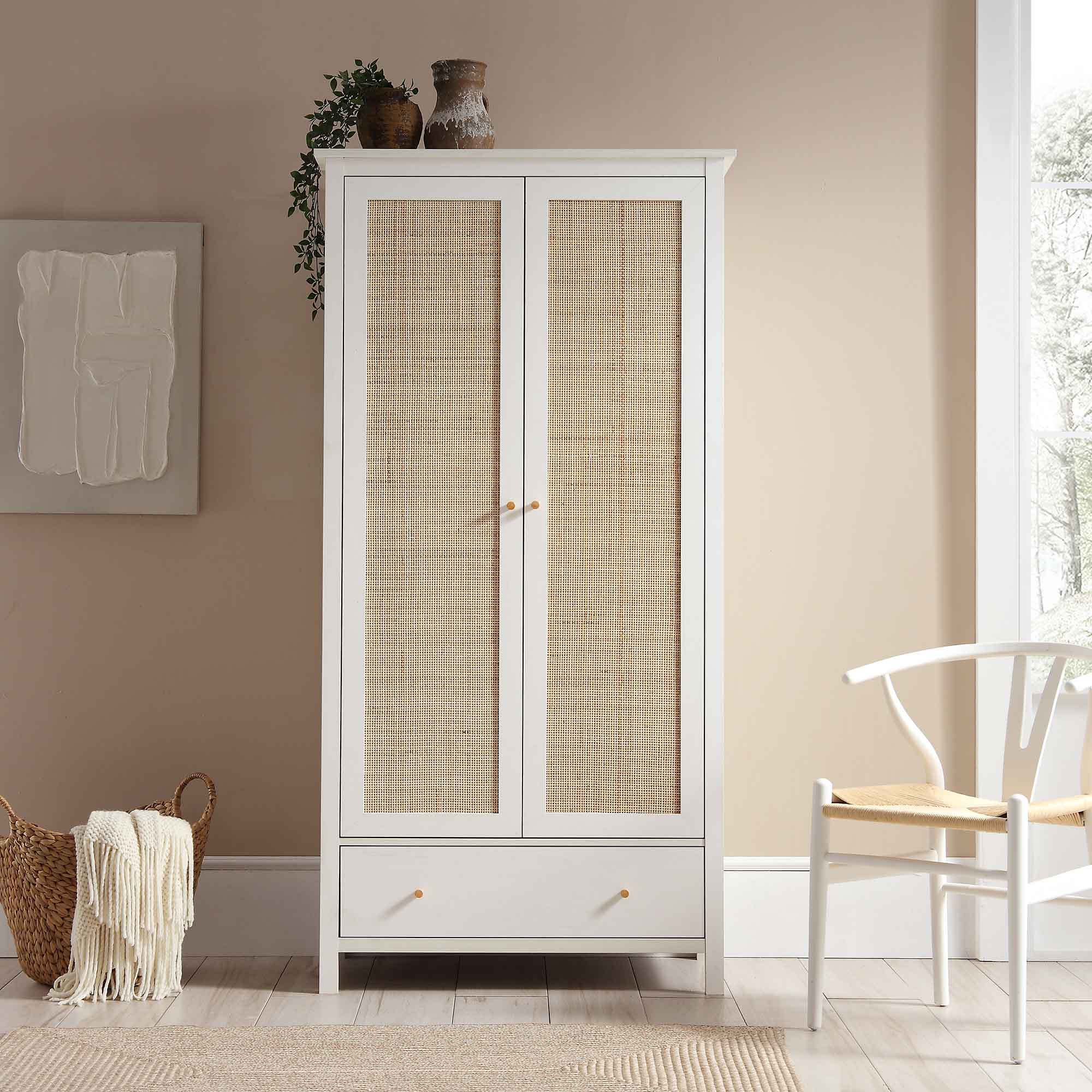 Frances Rattan Double Wardrobe with 1 Drawer, White - Image 2