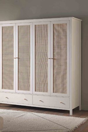 Frances Rattan 4-Door Wardrobe with 2 Drawers, White