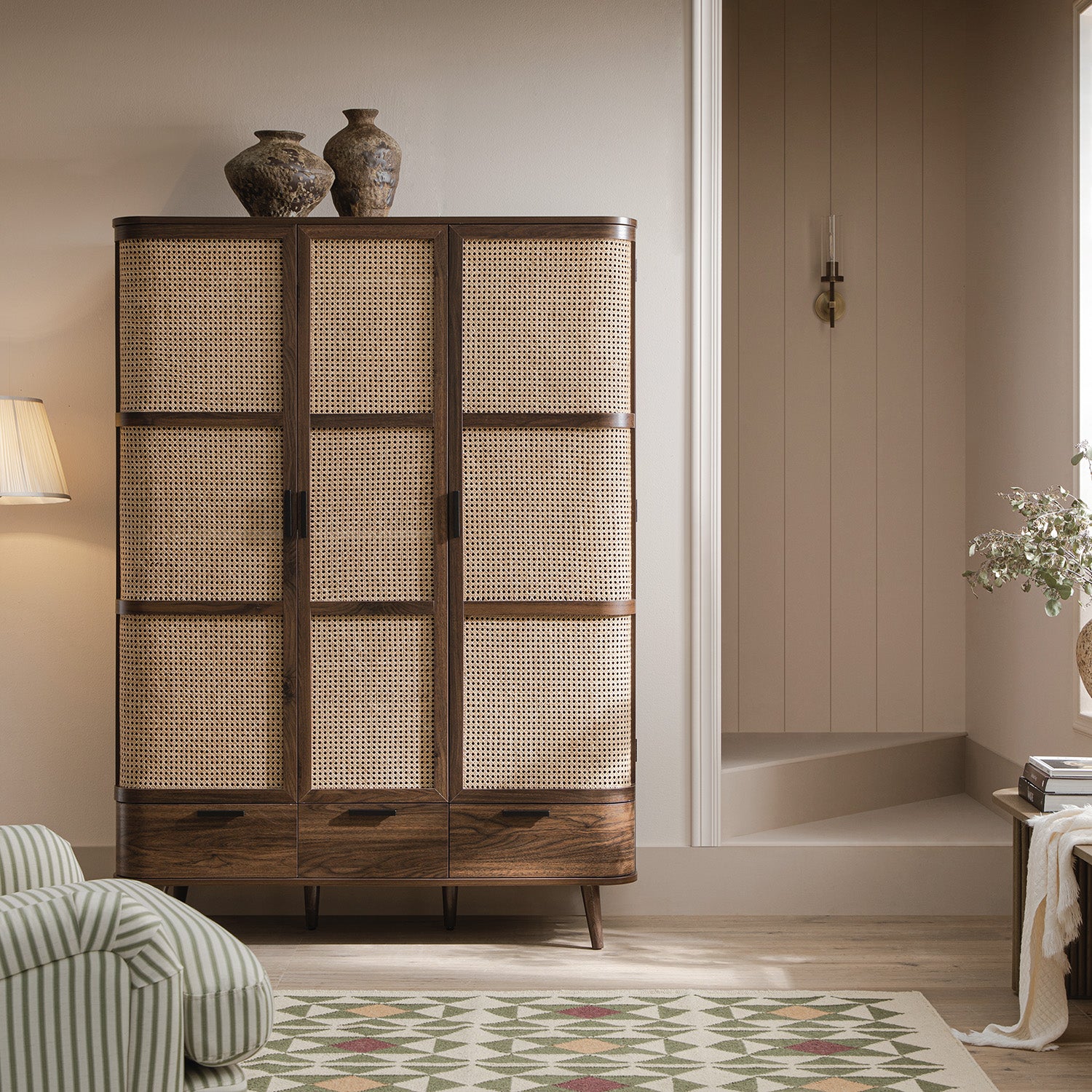 Izzy Curved Rattan Triple Wardrobe, Walnut