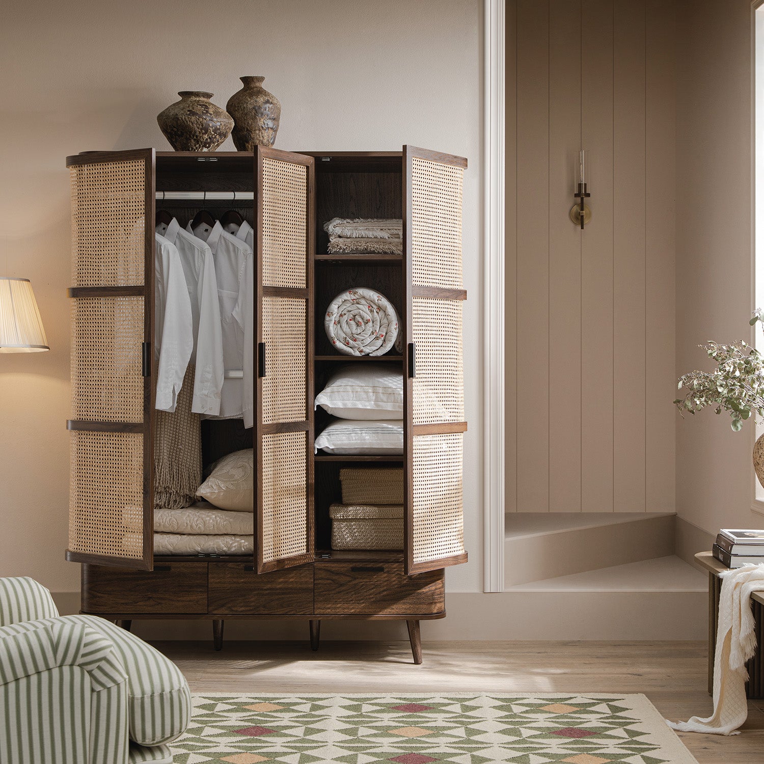 Izzy Curved Rattan Triple Wardrobe, Walnut - Image 2