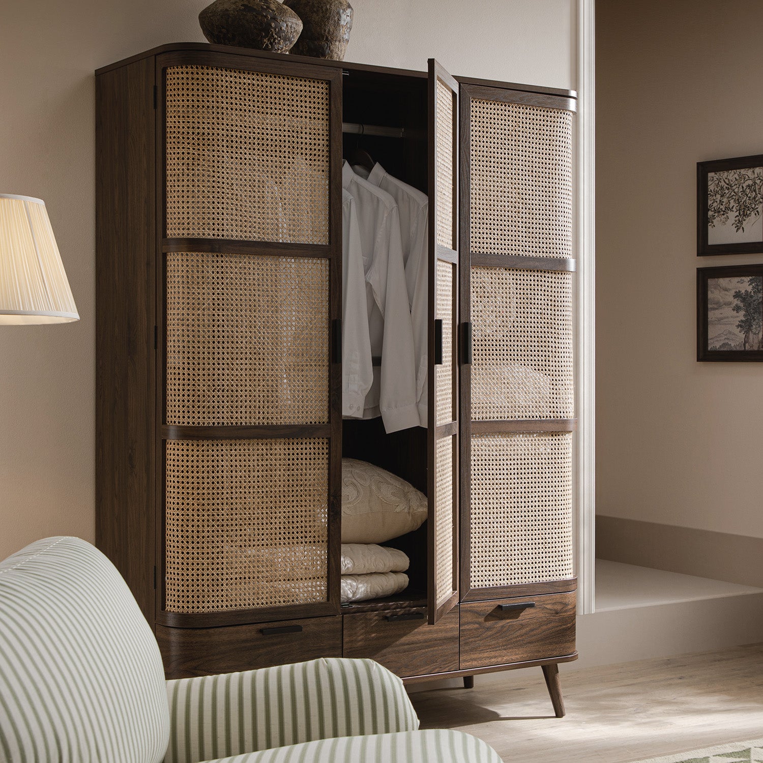 Izzy Curved Rattan Triple Wardrobe, Walnut - Image 4