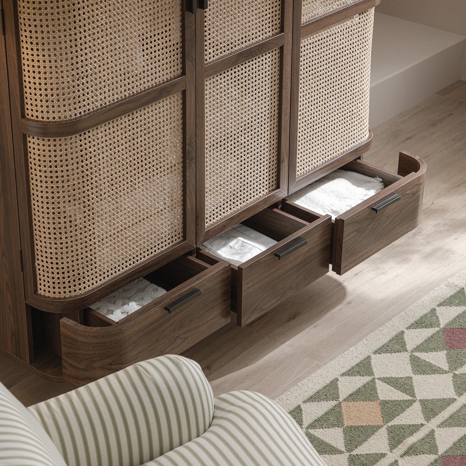 Izzy Curved Rattan Triple Wardrobe, Walnut - Image 5