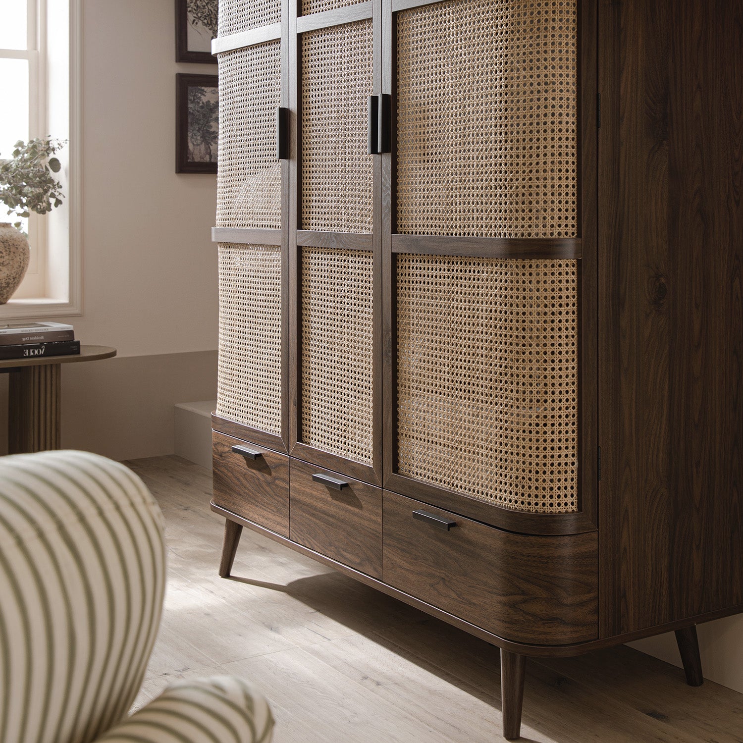 Izzy Curved Rattan Triple Wardrobe, Walnut - Image 6