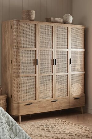 Izzy Curved Rattan 4-Door Wardrobe, Natural