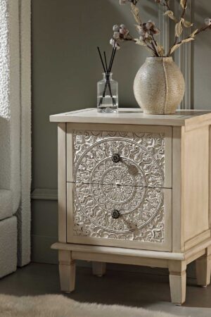 Chantilly Whitewashed Carved 2 Drawer Bedside Table