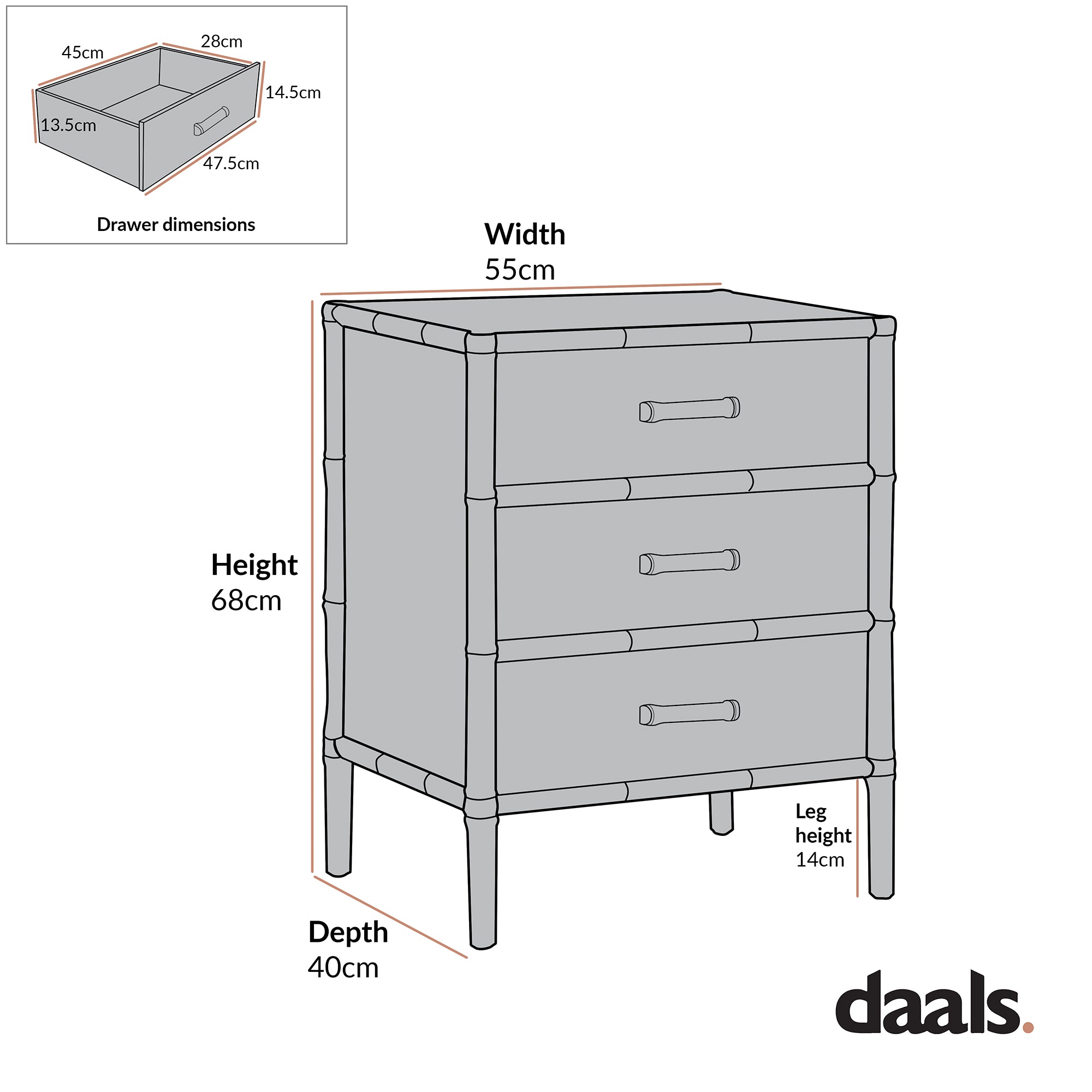 Elstowe Faux Bamboo 3-Drawer Bedside Table, Nude Pink - Image 10