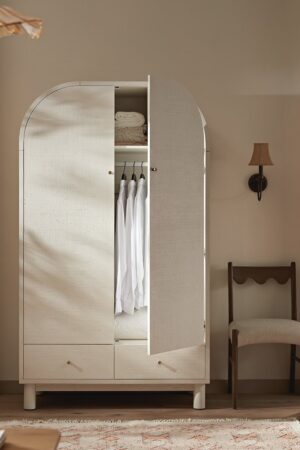 Maude Double Wardrobe, Washed White Ash with Raffia