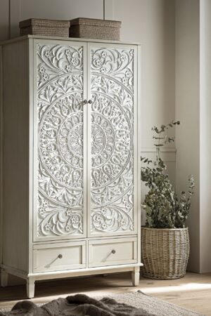 Chantilly Whitewashed Carved Double Wardrobe