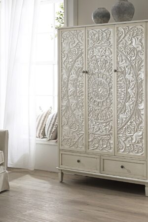 Chantilly Whitewashed Carved Triple Wardrobe